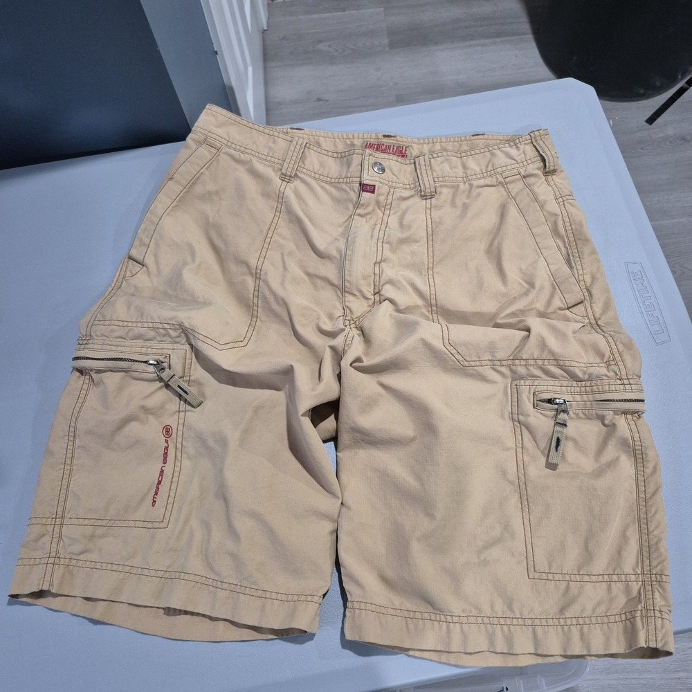Y2K American Eagle Cargo Shorts Mens 34 Khaki Lightweight Skater Utility Vintage